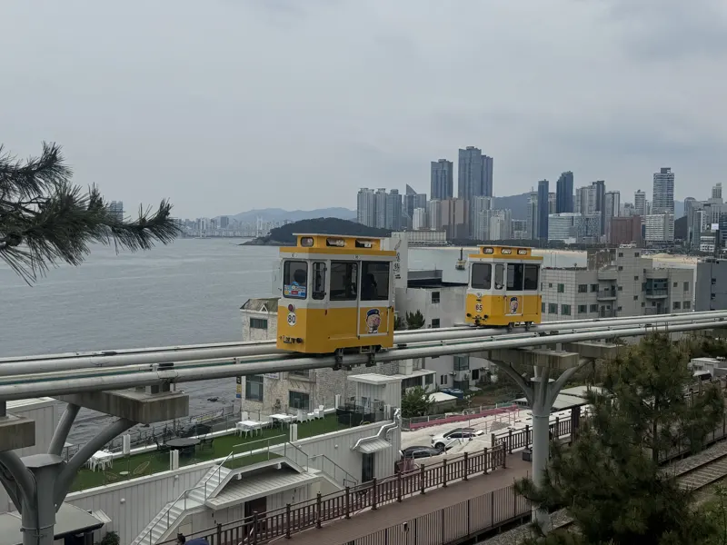 海雲台の海と建物を背景に、高架レールを走る黄色いスカイカプセル