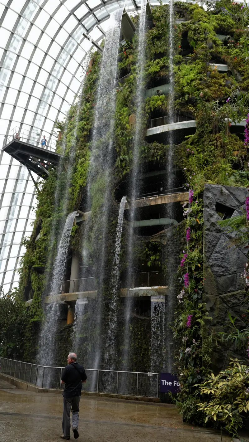 Stěna porostlá rostlinami a vnitřní vodopád ve skleníku Cloud Forest